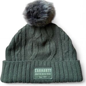 Women’s Carhartt green beanie pom pom hat cable knit